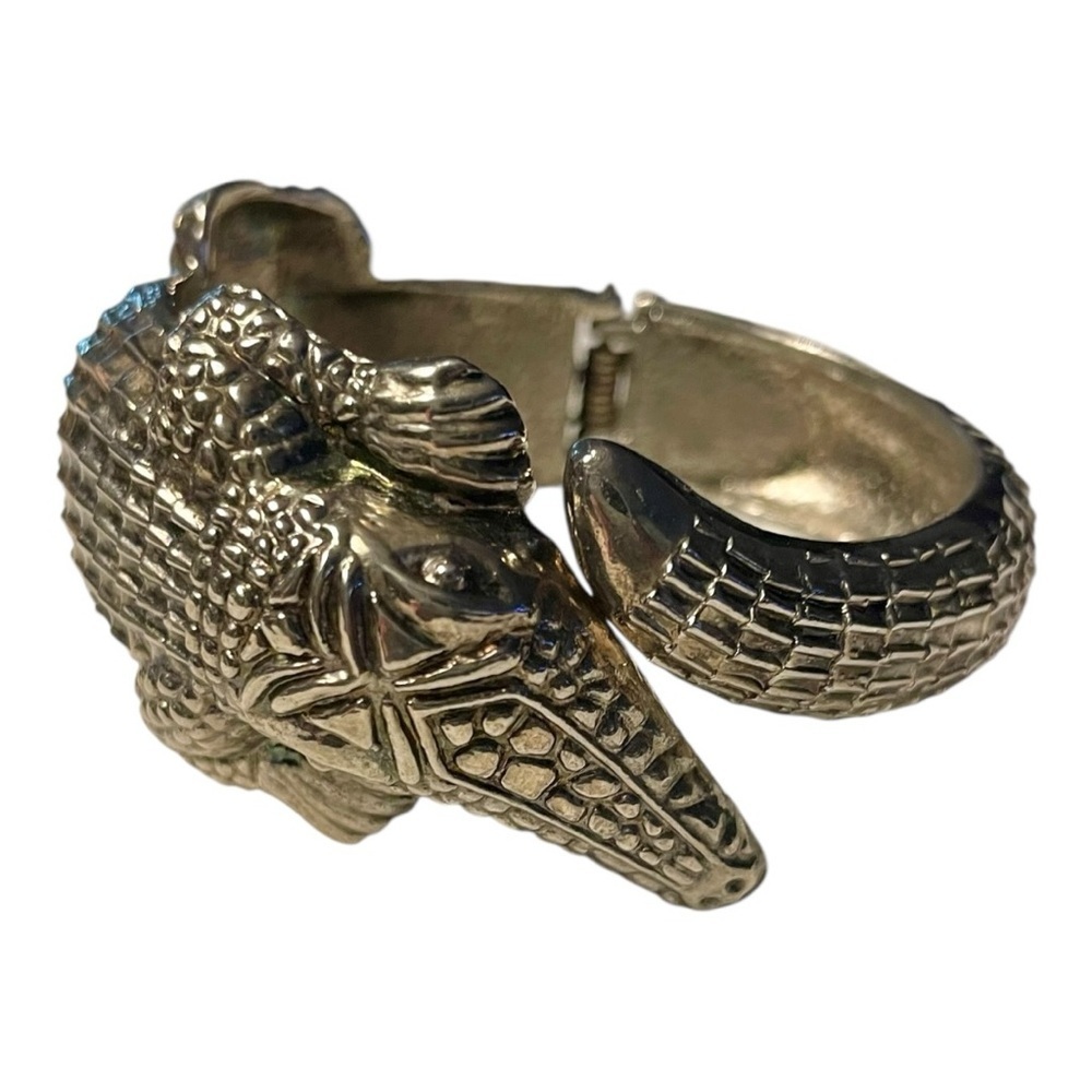 Alligator Hinged Cuff Large Bracelet, Dark Heavy Realistic Detail Silver Metal.